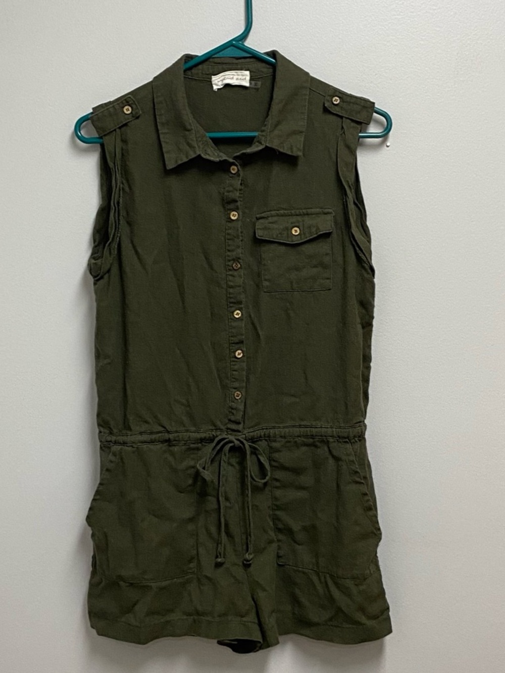 MUSTARD SEED  Olive Green Linen blend Utility Romper - size small